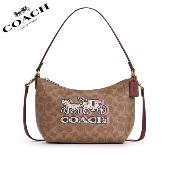 NWT COACH Zip Top Shoulder Bag In Signature Canvas With Horse And Carriage Print - Picture 1 of 10
